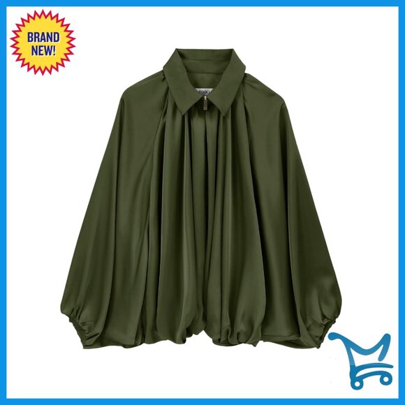 Satin Puffed Bomber Jacket Oversized Batwing Sleeves Zip Up Outerwear